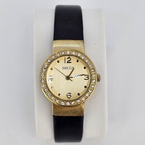 Breda Women's Watch 26MM Gold Dial Crystal Bezel Black Leather Bands New Battery